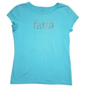 Y2K Cherokee “Faith” Rhinestone Tee – Turquoise Blue Cap Sleeve T-Shirt, Size L